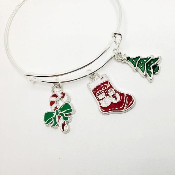 Silver Christmas Charm Bracelet, Candy Cane, Stocking, and Tree Charms - Picture 11 of 11